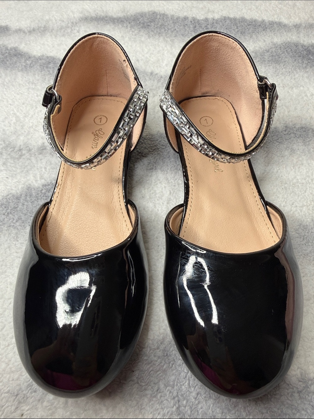 Dreamgirl Black Patent Ankle-Strap Flats with Rhinestone Detail